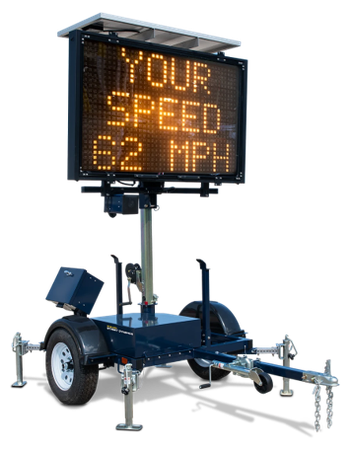 A trailer that flashes blue lights similar to those found on law enforcement vehicles and shows the speed of oncoming traffic. The N.C. Department of Transportation uses trailers like these at road construction sites around the state to try to persuade drivers to slow down.