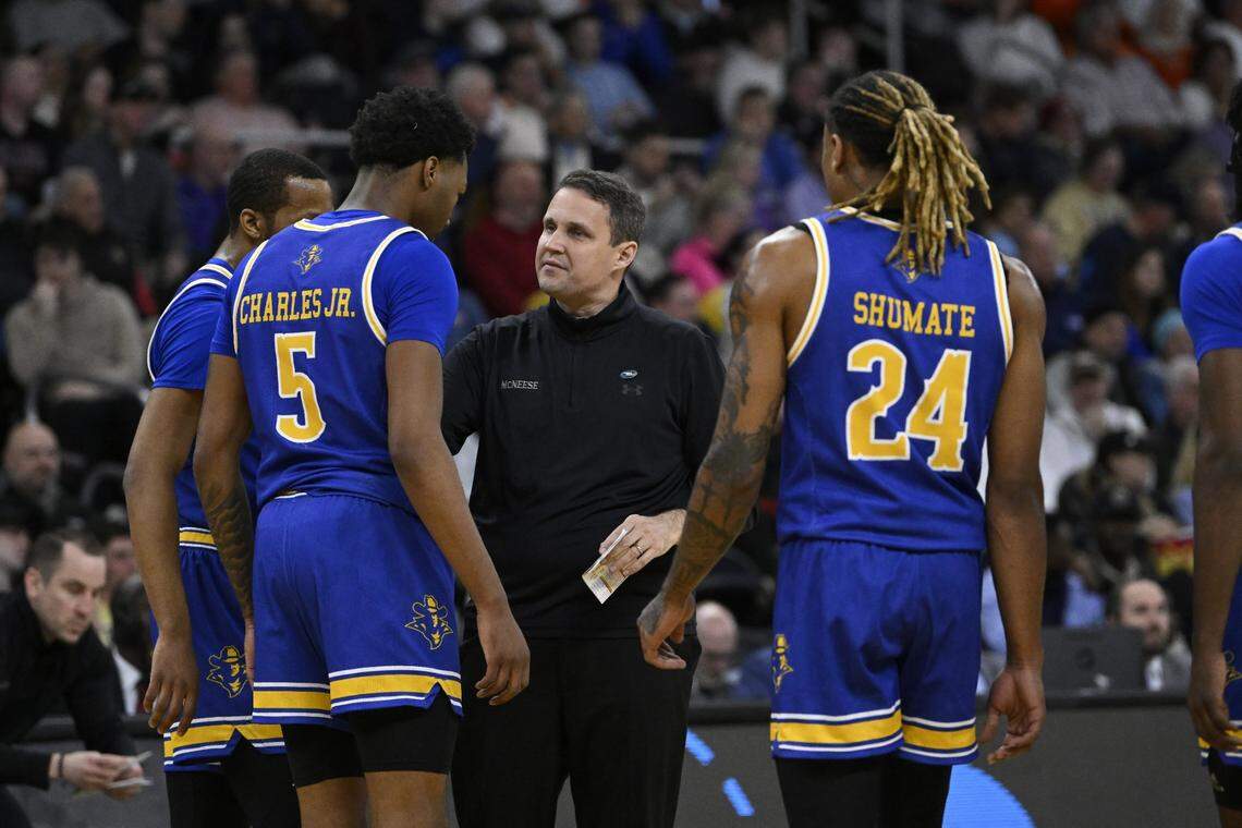 Mar 20, 2025; Providence, RI, USA; McNeese State Cowboys head coach Will Wade talks with his players during the first half against the Clemson Tigers at Amica Mutual Pavilion. Mandatory Credit: Eric Canha-Imagn Images