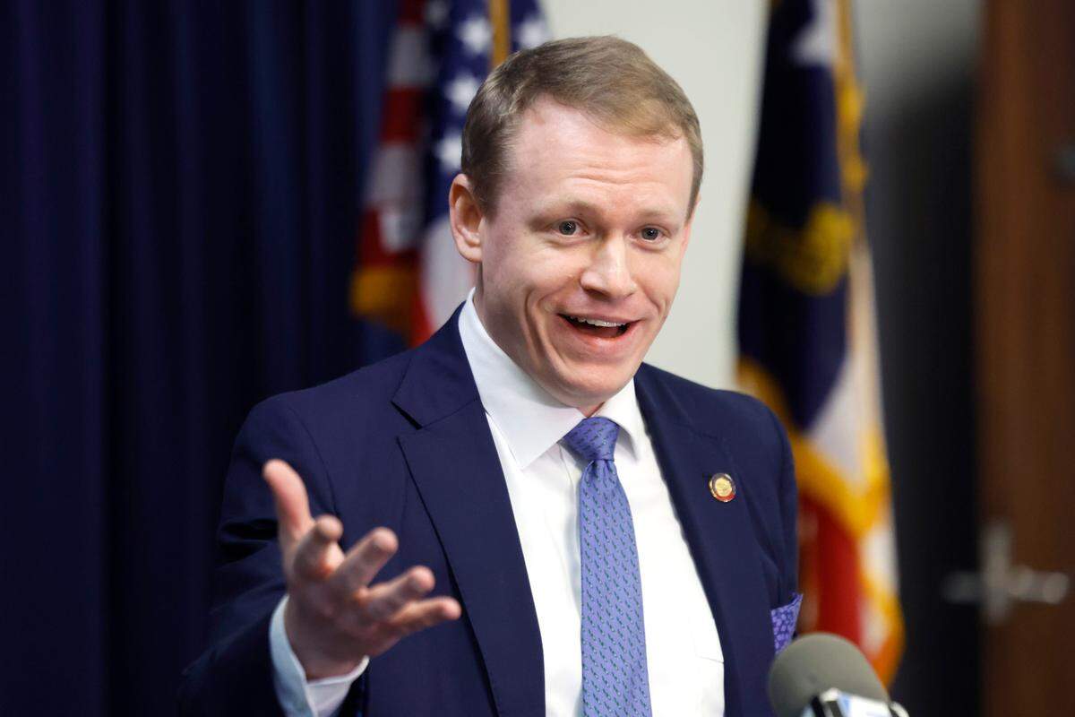 Rep. Destin Hall speaks during a press conference at the N.C. Republican Party headquarters in Raleigh, N.C., Wednesday, Nov. 6, 2024.