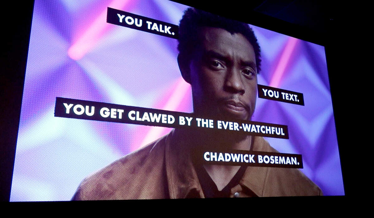 A film clip featuring actor Chadwick Boseman warns moviegoers not to talk or text at the Alamo Drafthouse in Raleigh.  The theater strictly enforces a no talk/no text policy, kicking out patrons who do not adhere to the rules.