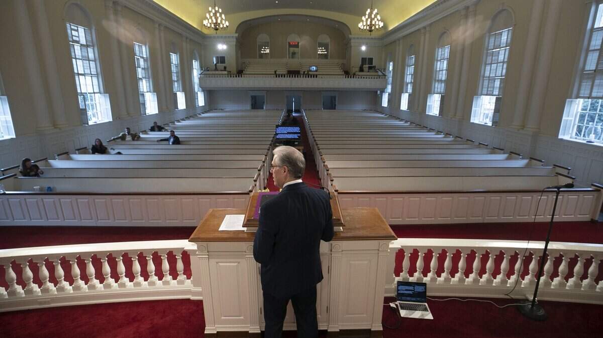 Dr. David Hailey prepares to deliver his weekly sermon to an empty sanctuary at Hayes Barton Baptist Church on Sunday, March 22, 2020, in Raleigh. The sanctuary has been closed to the public due to the spread of the COVID-19 virus. The church is using live stream and broadcast television to connect with it’s membership.