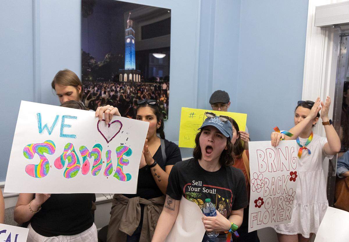 People react as a letter about UNC School of Law student Jamie Marsicano is read aloud to university representatives on Thursday, April 13, 2023, in Chapel Hill, N.C.