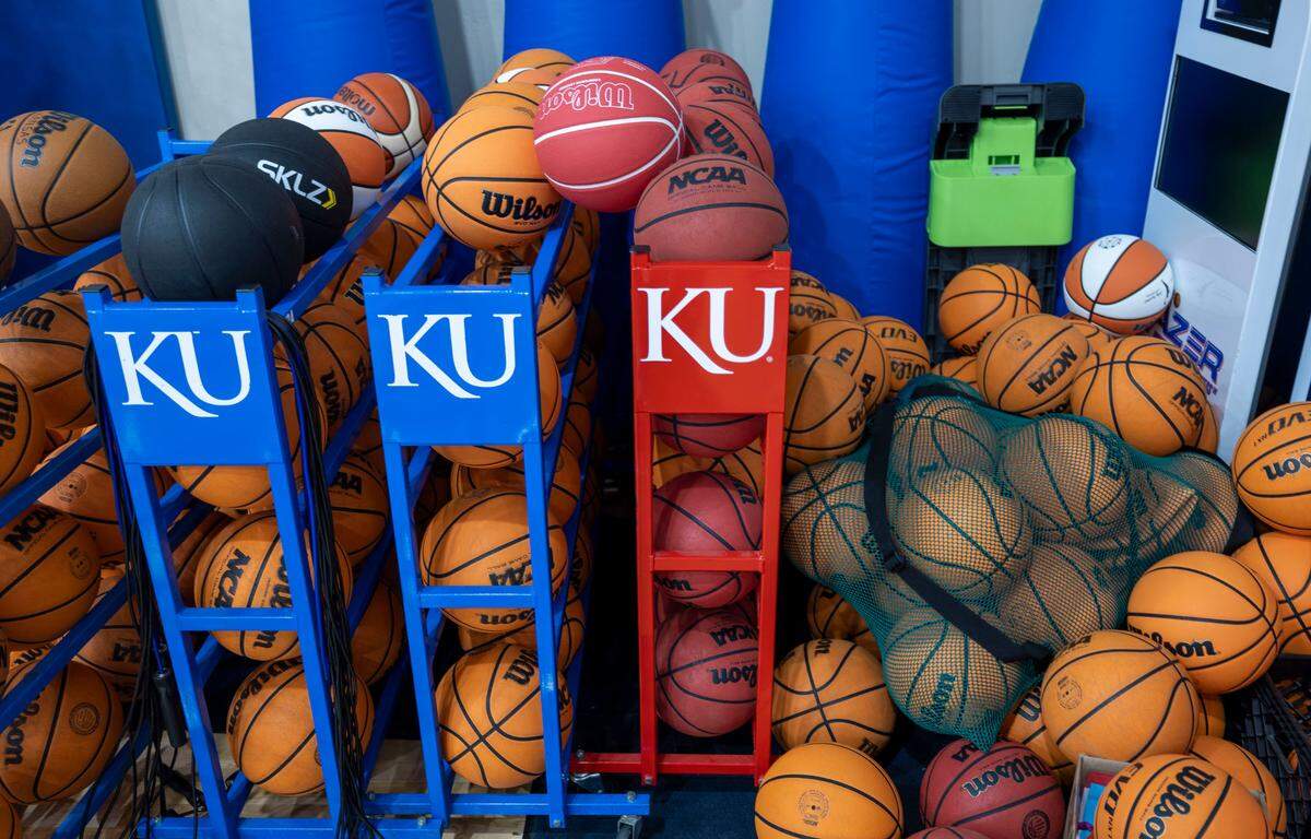 An abundance of basketballs inside the University of Kansas’ basketball practice facility on Thursday, November 7, 2024 in Lawrence, Kansas.