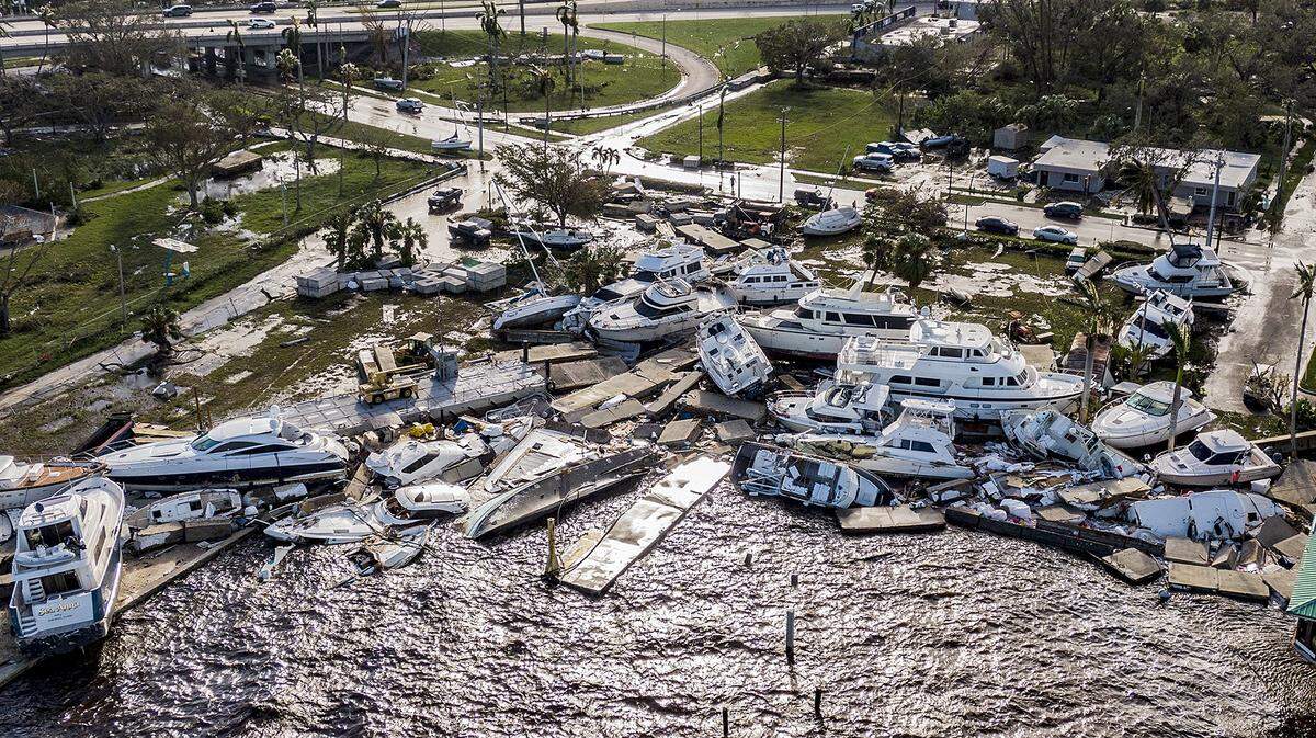 Scene of boats that were run aground in the Legacy Harbour Marina in Fort Myers a day after Hurricane Ian hits the West Coast of Florida as Category 4 storm, on Thursday September 29, 2022