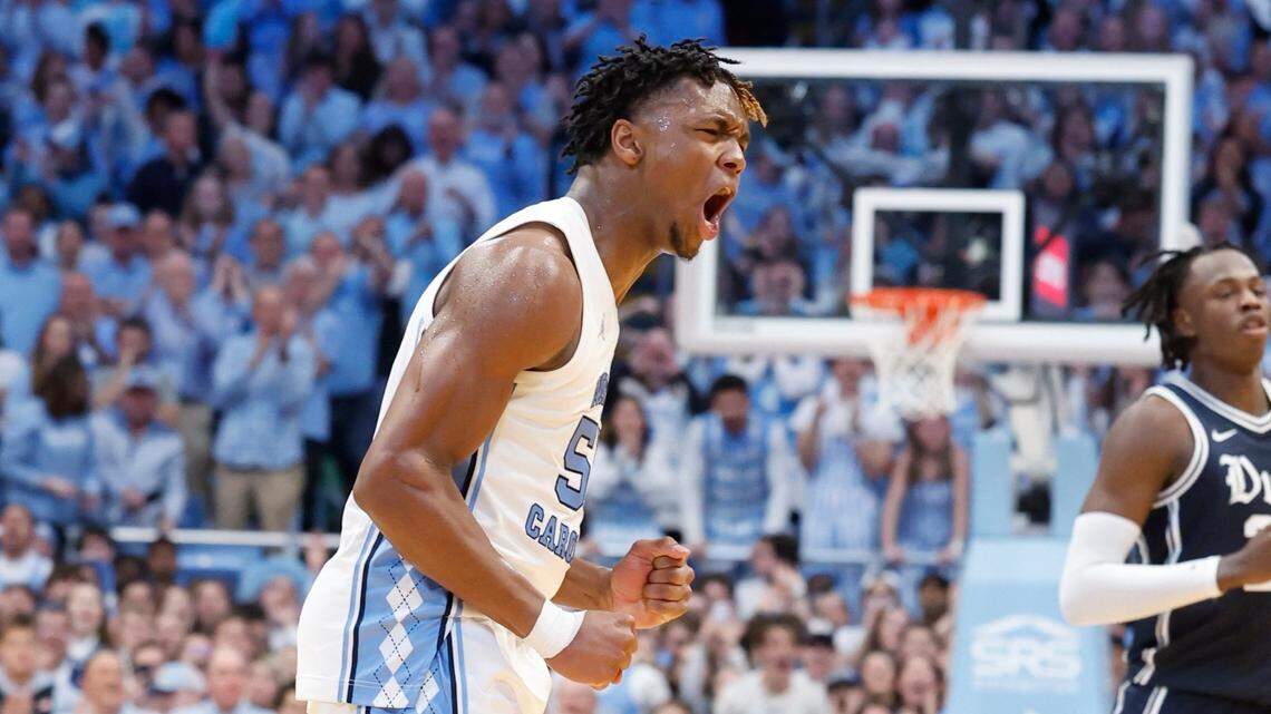 North Carolina’s Harrison Ingram (55) celebrates as Duke calls a timeout during the second half of UNC’s 93-84 victory over Duke at the Smith Center in Chapel Hill, N.C., Saturday, Feb. 3, 2024.