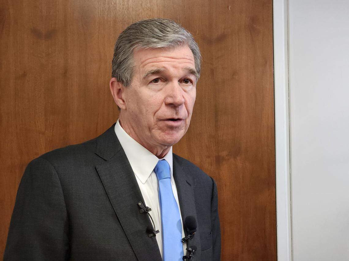 N.C. Gov. Roy Cooper talked to reporters on Tuesday, Dec. 6, 2022, after a Council of State meeting at the Department of Transportation agency headquarters in downtown Raleigh.