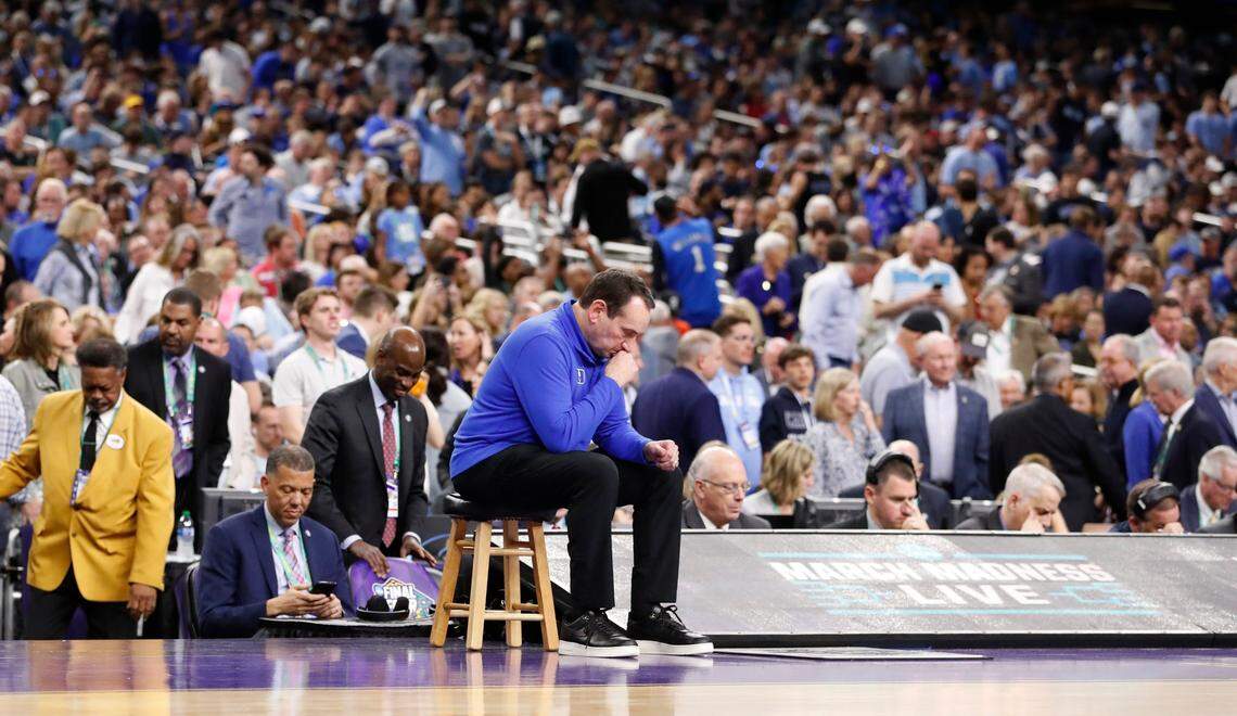 Duke head coach Mike Krzyzewski takes a moment before the start of the second half of UNCs 81-77 victory over Duke in the Final Four at Caesars Superdome in New Orleans, La., Saturday, April 2, 2022.