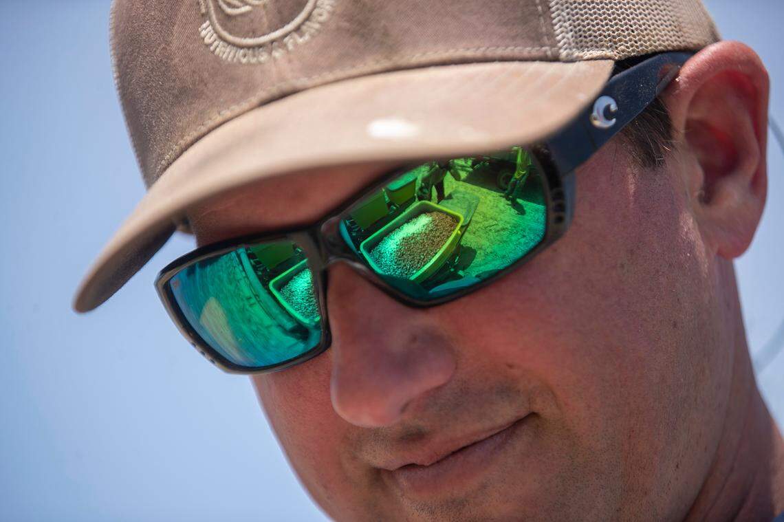 Seed peanuts are reflected in the glasses of farmer Donny Lassiter as they are loaded into planting equipment on Friday, May 12, 2023 in Pendleton, N.C. Lassiter grows more than 1,500 acres of peanuts in an around Northampton County, North Carolina.