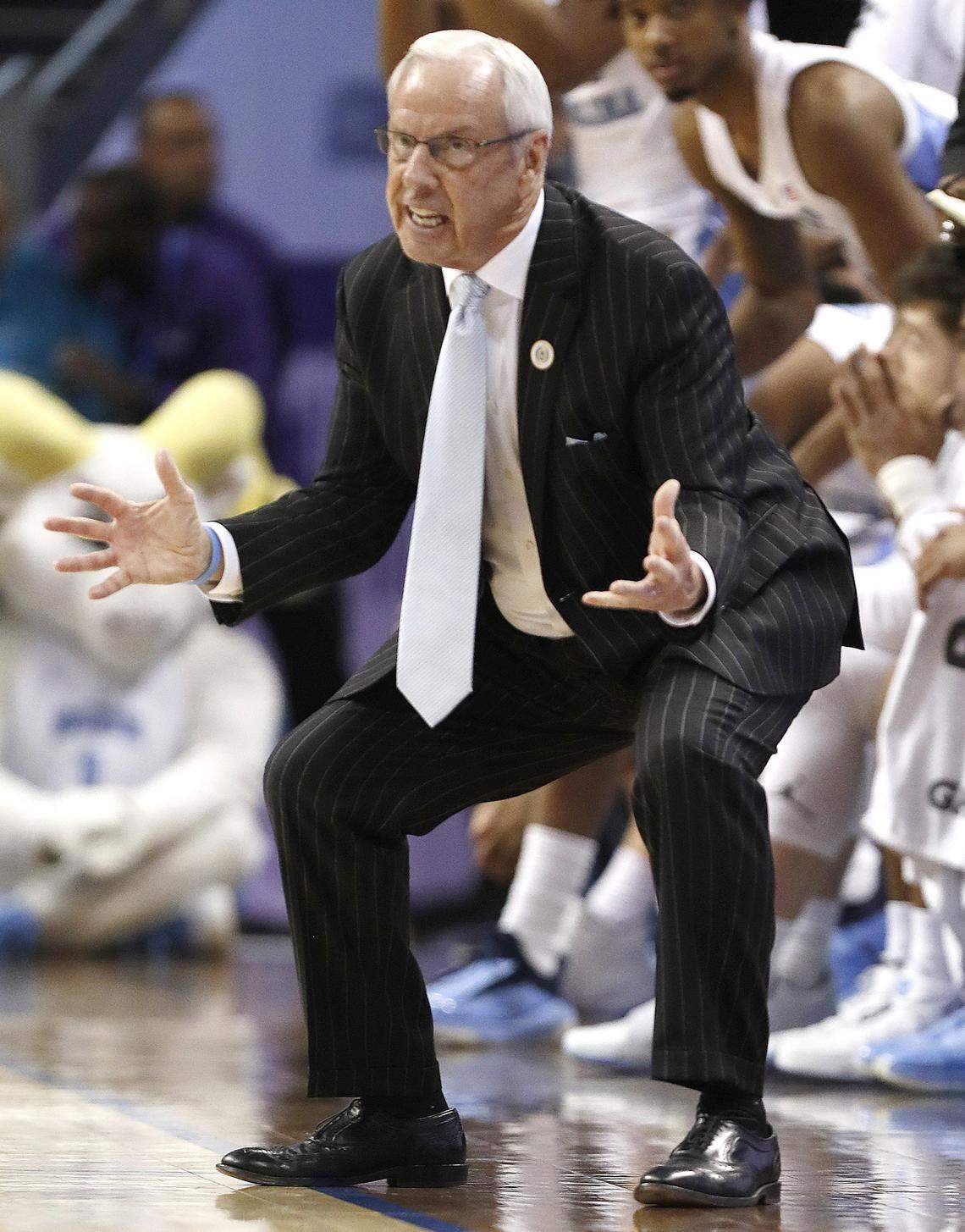 North Carolina’s head coach Roy Williams encourages his team during the second half of Duke’s 74-73 victory over UNC in the semifinals of the 2019 ACC Tournament in Charlotte, N.C., Friday, March 15, 2019.