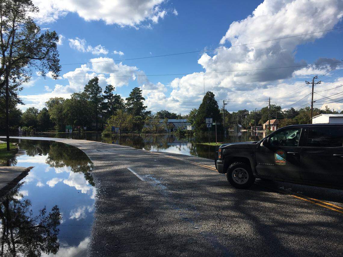 To keep people from driving into floodwater in the days after Hurricane Florence made landfall, authorities put barriers at the intersection of S.C. Highway 9 and U.S. Route 76 in Nichols, S.C., pictured here on Sept. 18.