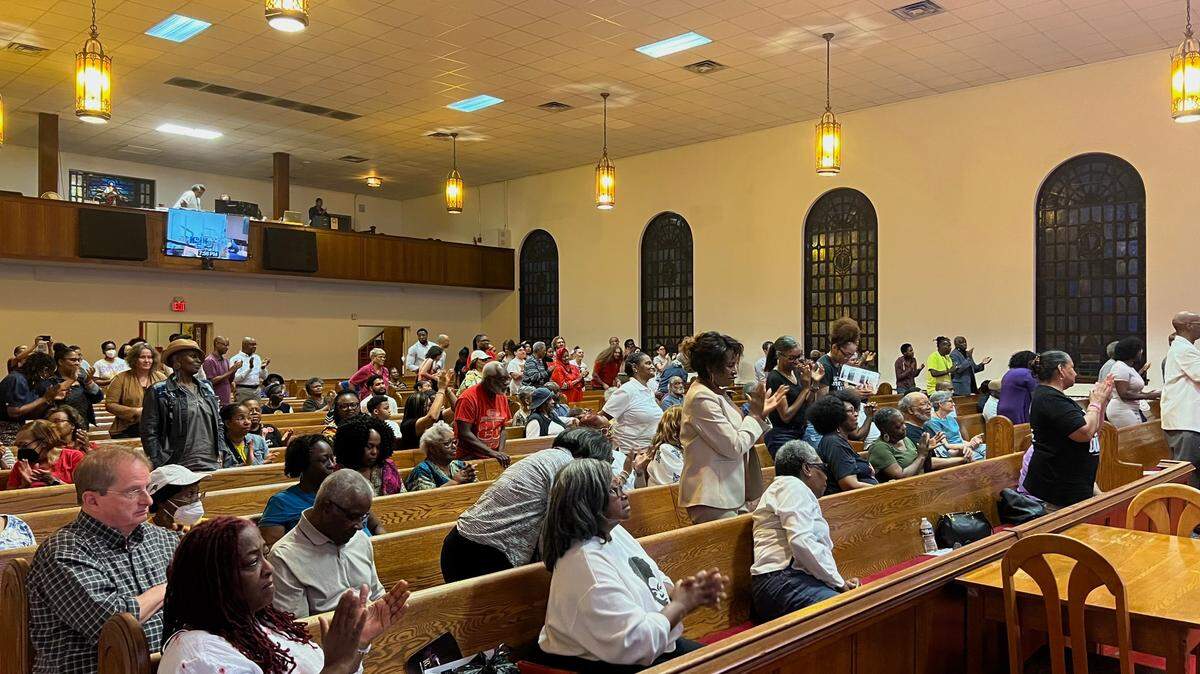 Dozens of people attended a rally at St. Mark AME Zion Church in Durham on April 4, 2025 to celebrate the life of Dr. Martin Luther King, Jr. and oppose a proposed rezoning effort in Hayti.
