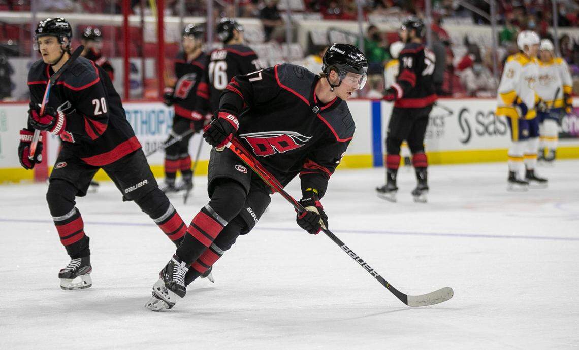Carolina HurricanesÕ Sebastian Aho (20) and Andrei Svechnikov (37) warm up for game five of their first round Stanley Cup Series against Nashville on Tuesday, May 25, 2021 at PNC Arena in Raleigh, N.C.