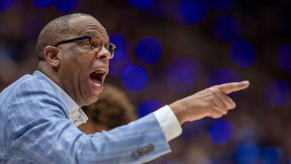 North Carolina coach Hubert Davis directs his team on defense in the first half against Duke on Saturday, February 1, 2025 at Cameron Indoor Stadium in Durham, N.C.