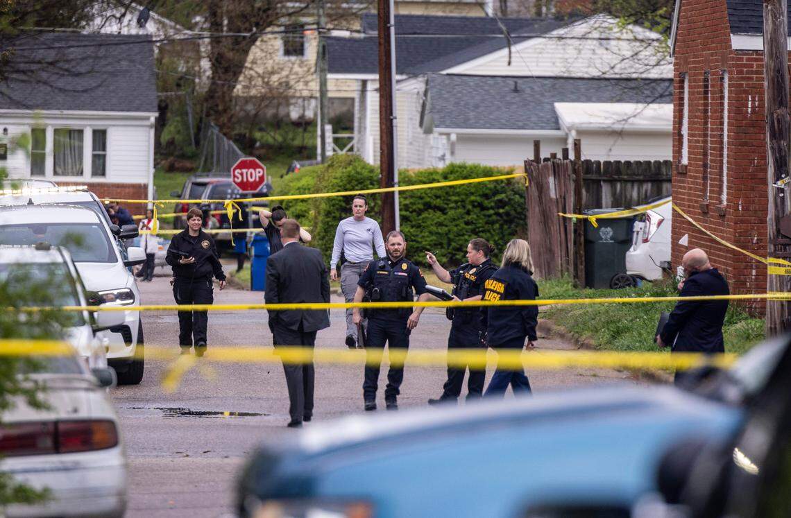 Police investigate the scene of a shooting involving an officer Monday morning, March 27, 2023 near Ligon Magnet Middle School in Raleigh. One person was injured in the shooting in the 700 block of Cumberland Street., police confirmed.