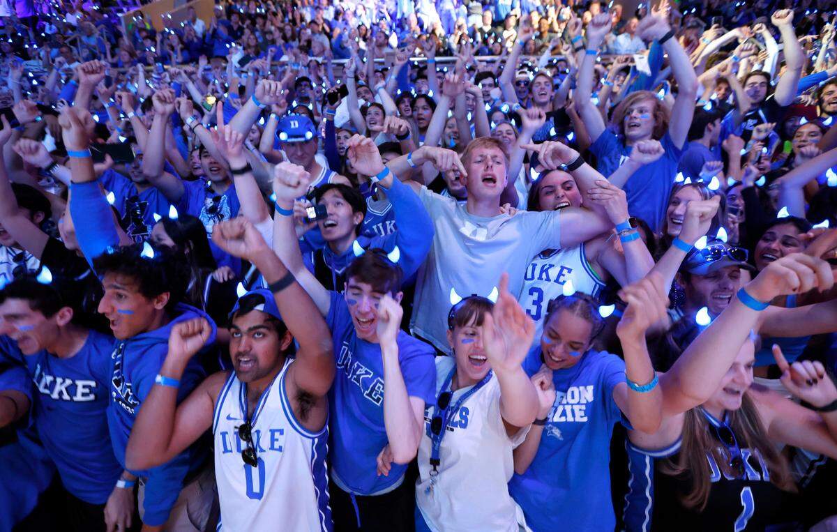 The Cameron Crazies dance during Duke’s Countdown to Craziness at Cameron Indoor Stadium in Durham, N.C., Friday, Oct. 21, 2022.