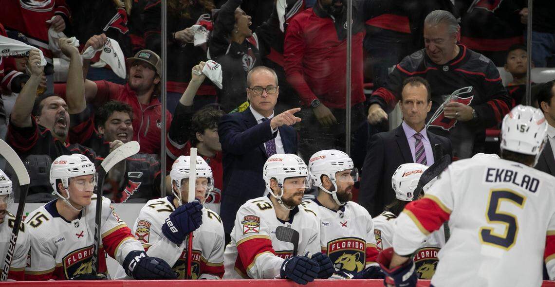 Florida Panther coach Paul Maurice reacts after a first period goal was nullified after a video review against the Carolina Hurricanes during Game 2 of the Eastern Conference Finals on Saturday, May 20, 2023 at PNC Arena in Raleigh, N.C.
