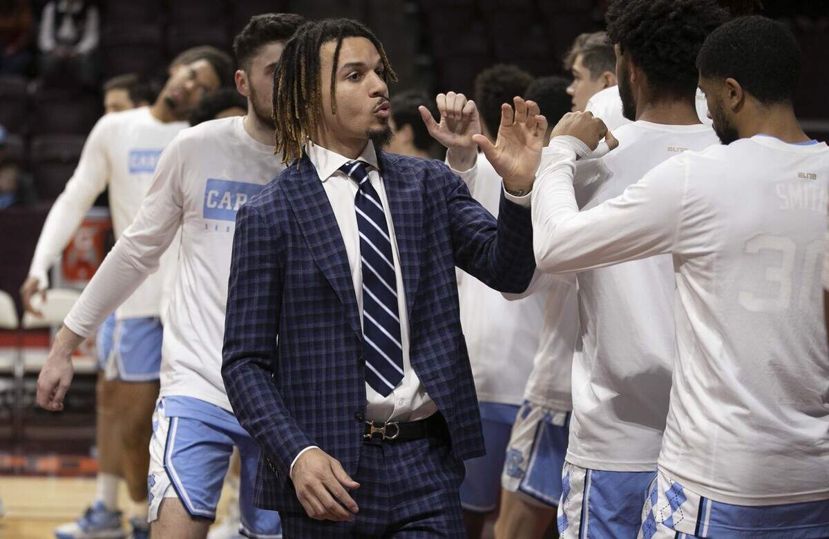 North Carolina’s Cole Anthony lines up with his teammates for the National Anthem prior to the Tar Heels’ game against Virginia Tech on Wednesday, January 22, 2020 at Cassell Coliseum in Blacksburg, Va.