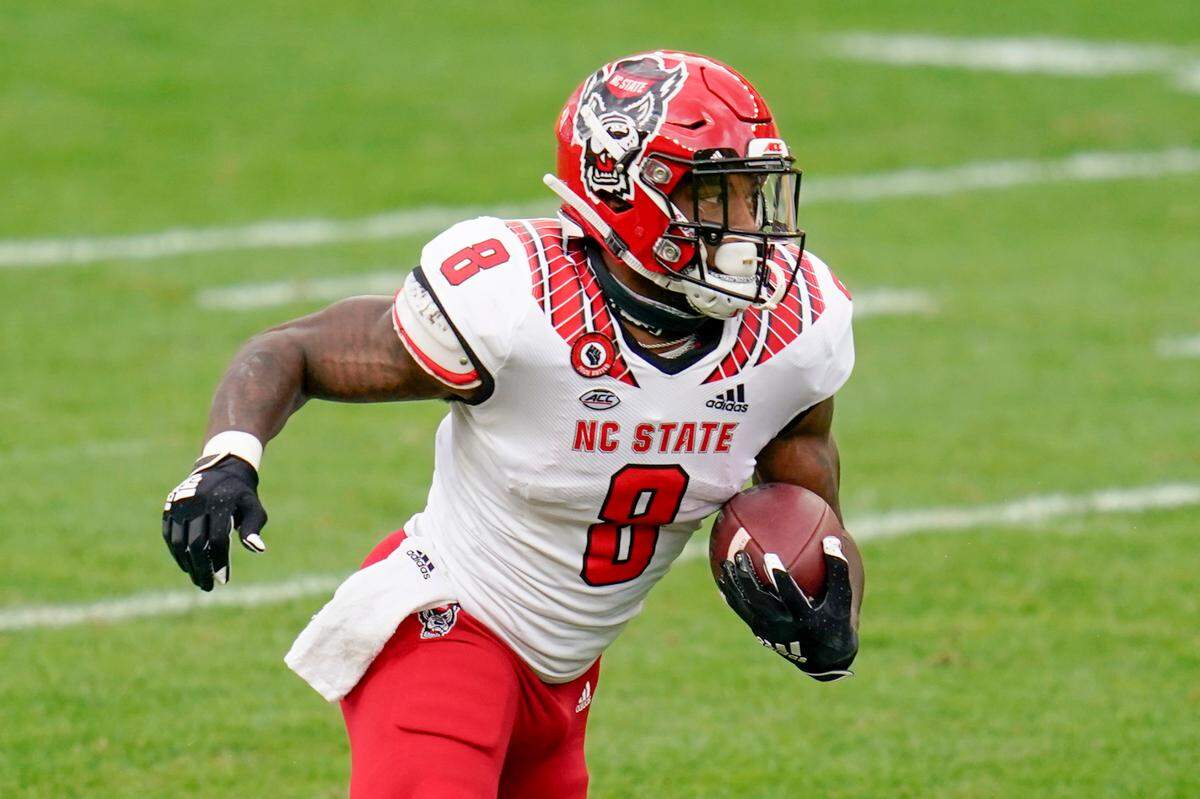 North Carolina State running back Ricky Person Jr. (8) plays against Pittsburgh during an NCAA college football game, Saturday, Oct. 3, 2020, in Pittsburgh.
