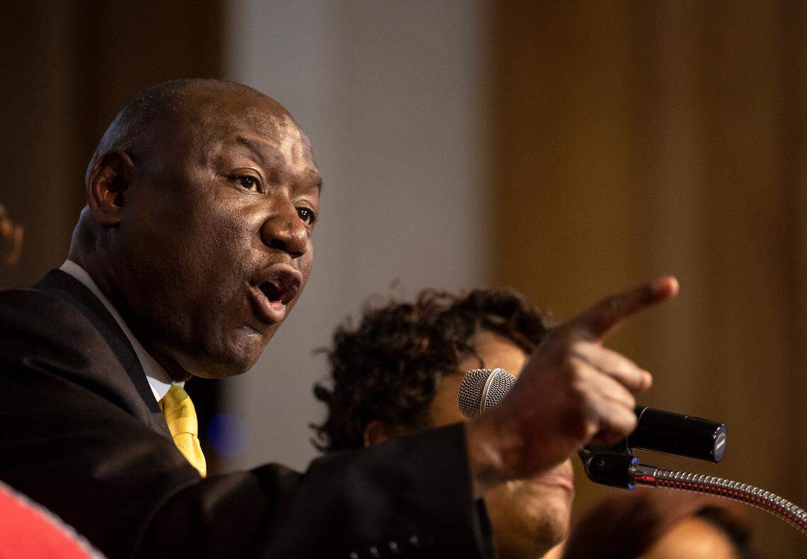 Attorney Ben Crump speaks during a press conference to call for justice in the death of Darryl Williams on Thursday, Feb. 16, 2023, at Mount Peace Baptist Church in Raleigh, N.C. Williams died in police custody on Jan. 17.