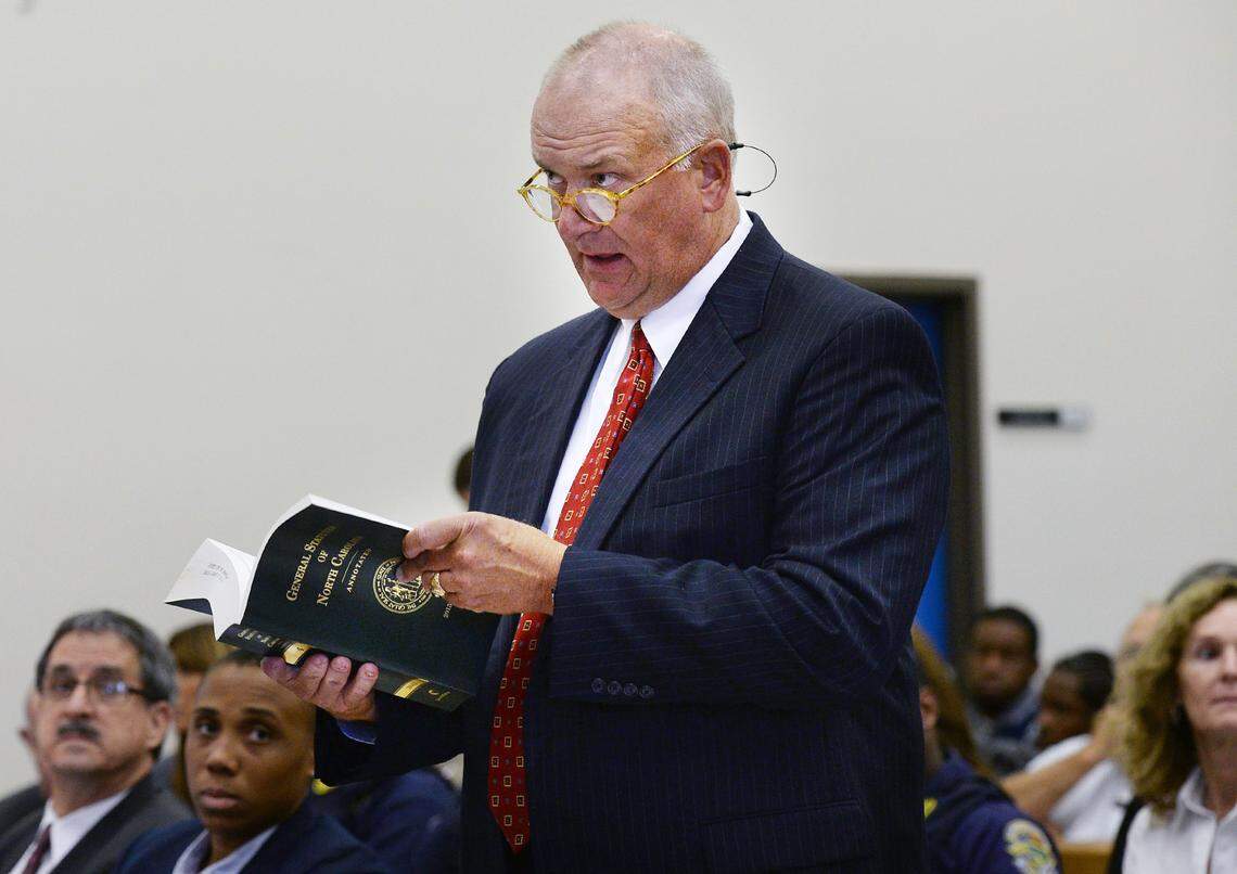 Robeson County District Attorney Johnson Britt makes his closing argument in the hearing for Henry McCullough and his brother Leon Brown in Lumberton, N.C. Tuesday, September 2, 2014. Britt said it was his duty as a prosecutor not retry the brothers as there was no evidence they did the crimes.