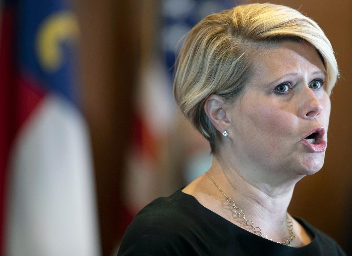 Catherine Truitt, candidate for NC Superintendent of Schools, speaks during a press conference with GOP leaders calling for the immediate reopening of the North Carolina schools for in-person learning at the General Assembly on Wednesday, September 16, 2020 in Raleigh, N.C.