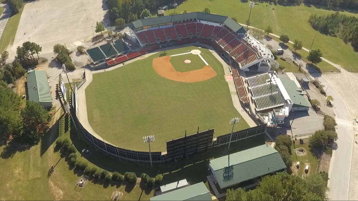 An aerial view of Five County Stadium in eastern Wake County. The owners of the stadium are seeking a new tenant after the Carolina Mudcats will leave at the end of this year.