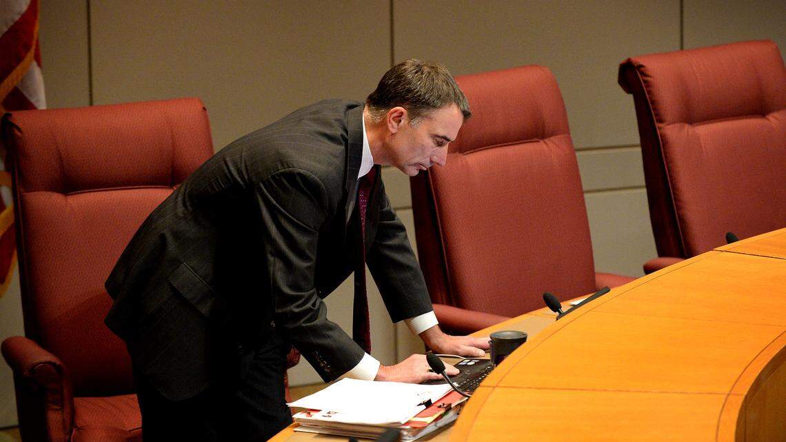CMS school board member Eric Davis works prior to a public hearing before the board’s vote on boundary changes on May 24, 2017 at the Charlotte-Mecklenburg Government Center in Charlotte, NC.  Davis, who is no longer on the CMS school board, was elected chairman of the State Board of Education on Sept. 6, 2018.