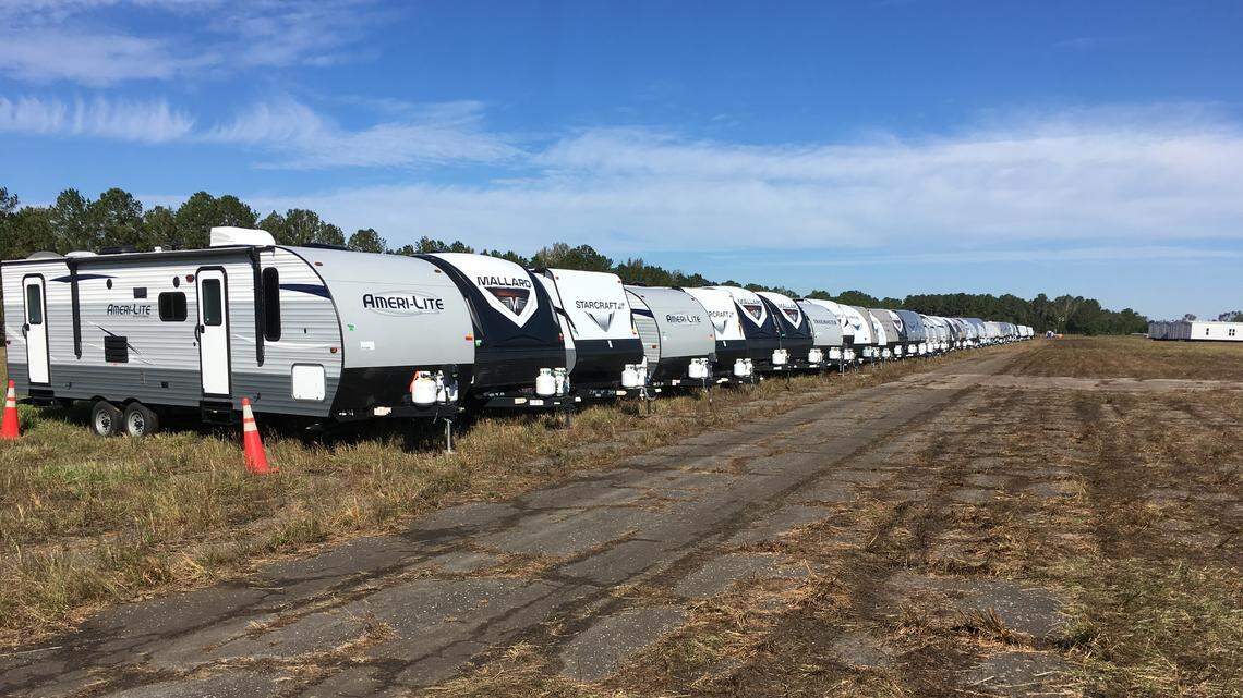 The Global Transpark in Kinston is a staging area for travel trailers that the Federal Emergency Management Agency will use to provide temporary housing to people whose homes need extensive repairs and who cannot find temporary rental housing nearby.