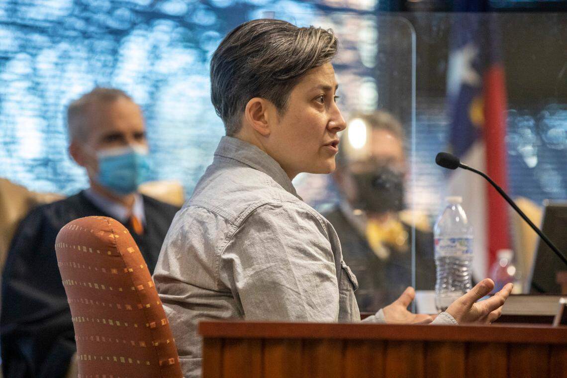 Moon Duchin, a math professor who leads a redistricting lab at Tufts University, testifies during a partisan gerrymandering trial over North Carolina’s new political maps Monday, Jan. 3, 2022 at Campbell University School of Law in Raleigh, NC.
