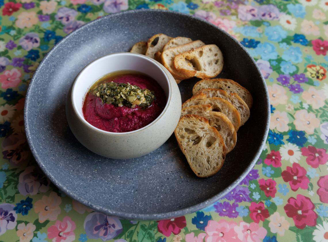 Beet hummus with crostini is pictured at Jaguar Bolera on Tuesday, May 14, 2024, in Raleigh, N.C.