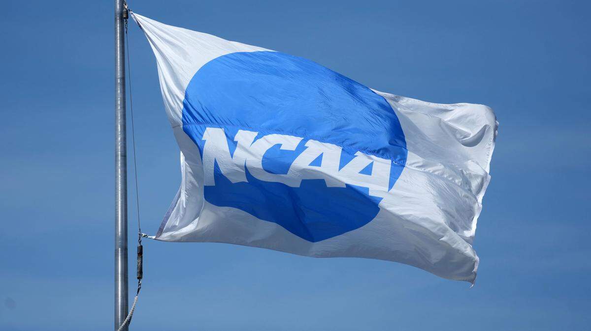 An NCAA logo flag at the NCAA Track and Field Championships at Hayward Field at the University of Oregon.