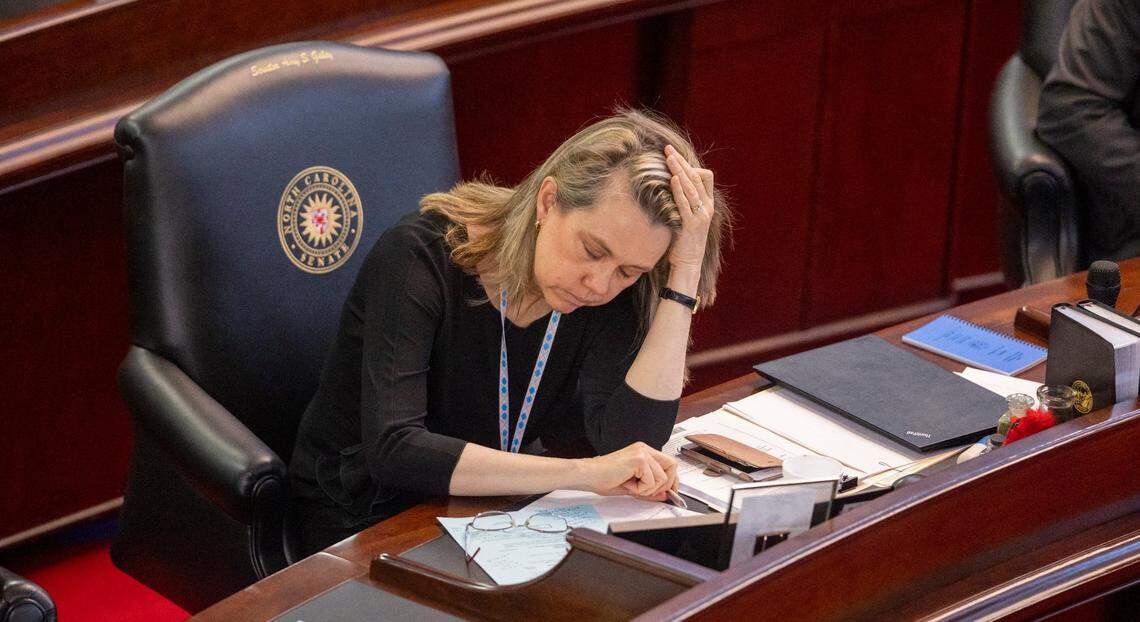 Republican Sen. Amy S. Galey listens to debate on the conference report on Senate Bill 20, which restricts abortion in North Carolina, on Thursday, May 4, 2023 at the North Carolina General Assembly in Raleigh, N.C.