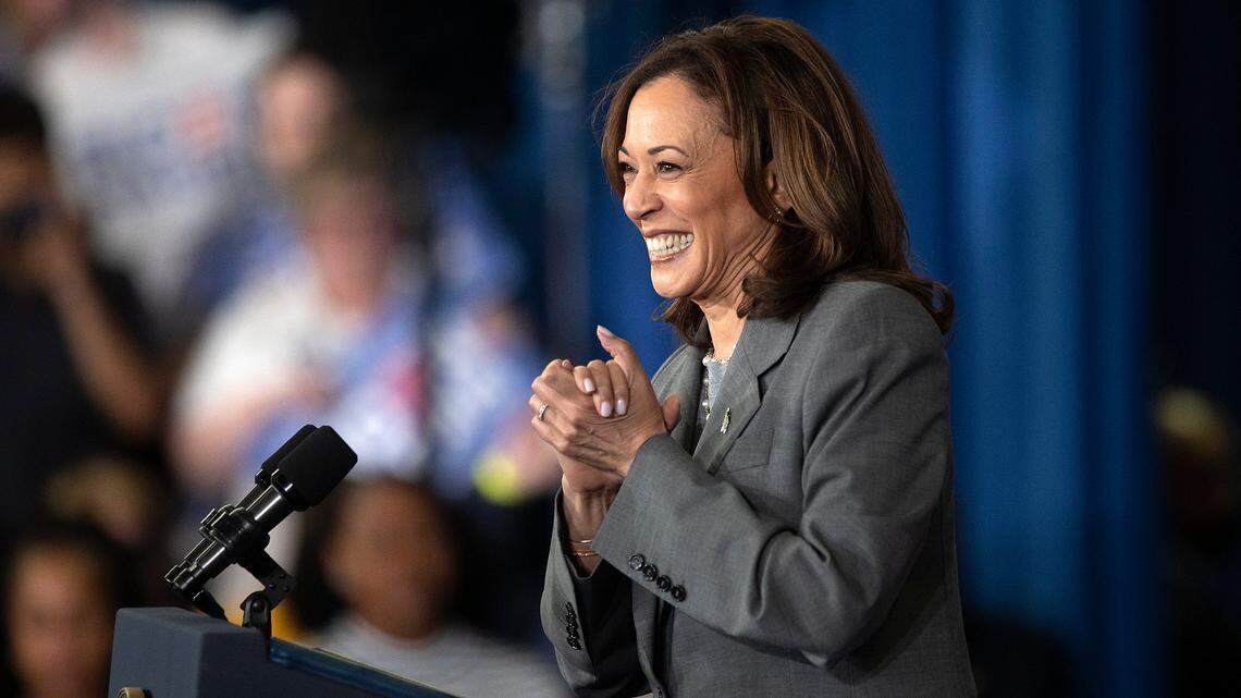 Vice President Kamala Harris smiles after being introduced during a campaign event at James B. Dudley High School on Thursday, July 11, 2024, in Greensboro, N.C.