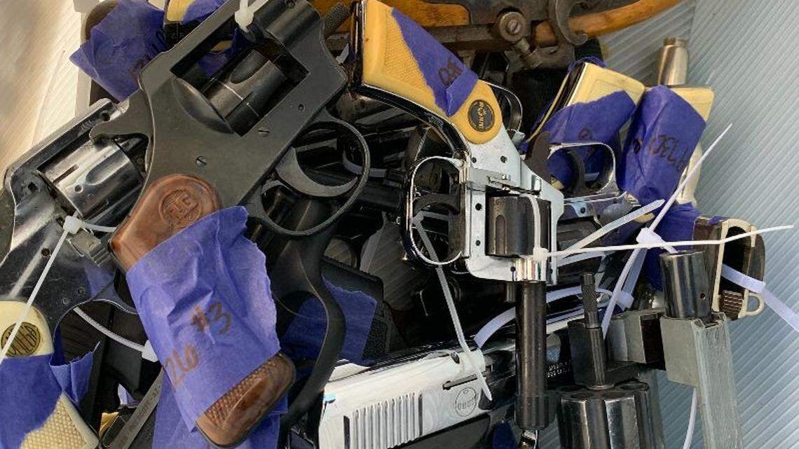 Some of the guns turned in at a buy back held by the Durham County Sheriff’s Office on Saturday, Nov. 18, 2023.