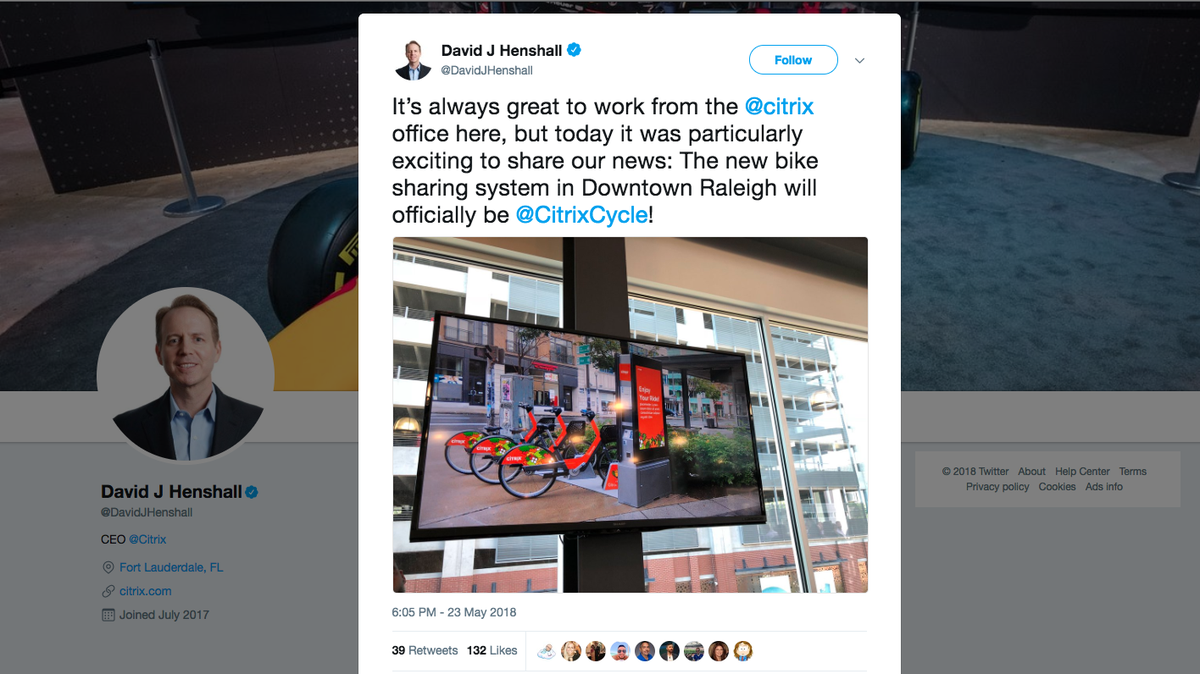 Citrix CEO David Henshall tweeted out a photo of the new look and name for the Raleigh bike-sharing program, now called Citrix Cycle.