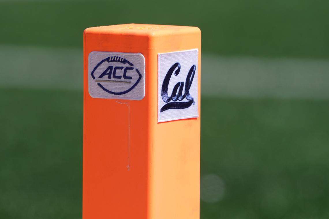 The California Golden Bears and Atlantic Coast Conference logos appear on a goal line marker during the first quarter against the UC Davis Aggies at California Memorial Stadium.