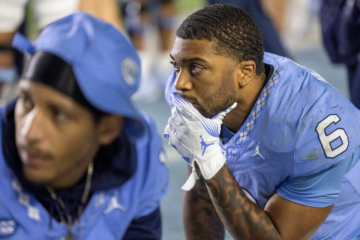 North Carolina’s Nate McCollum (6) reacts after the Tar Heels turned the ball over to Virginia on fourth down late in the fourth quarter on Saturday, October 21, 2023 at Kenan Stadium in Chapel Hill, N.C.
