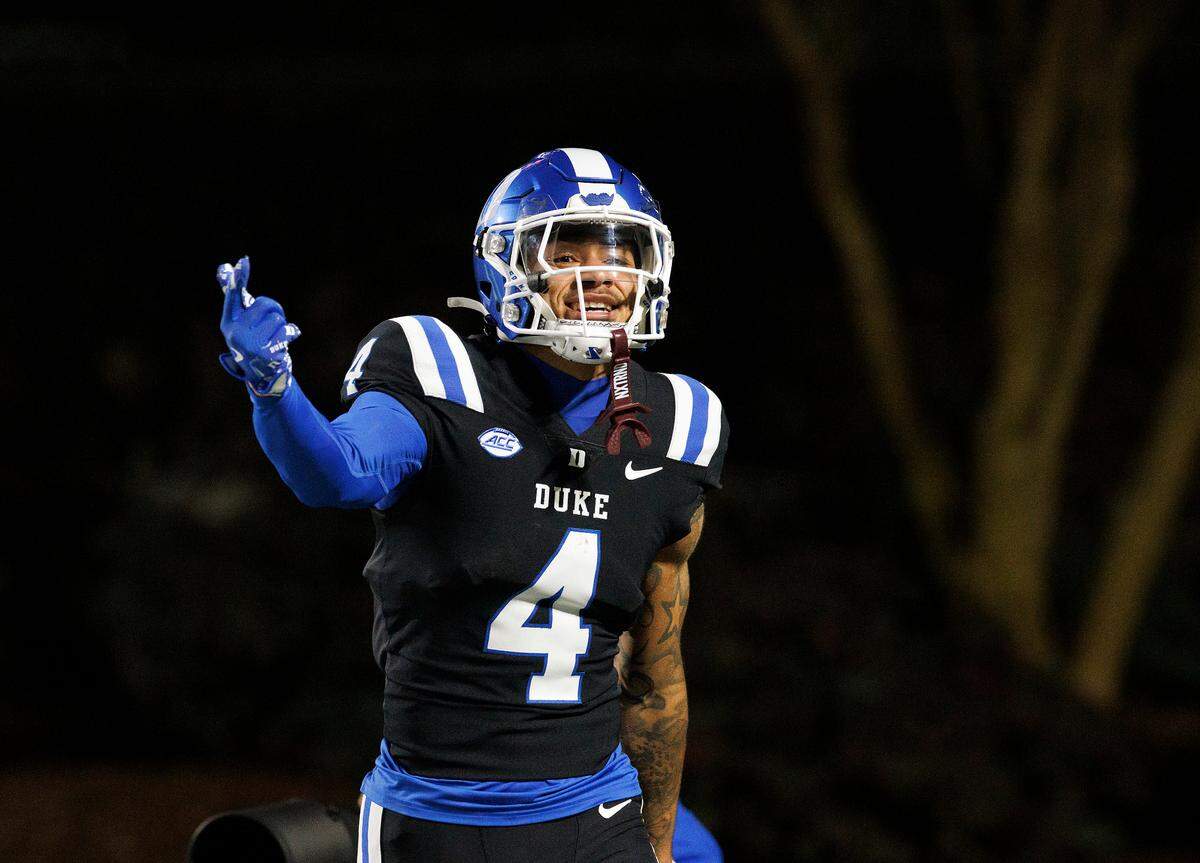 Duke’s Eli Pancol reacts after scoring a touchdown during the first half of the Blue Devils’ 31-28 win over Virginia Tech on Saturday, Nov. 23, 2024, at Wallace Wade Stadium in Durham, N.C.