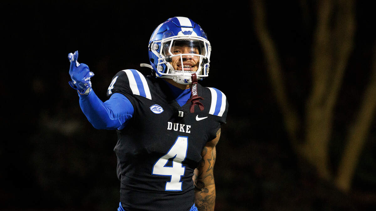 Duke’s Eli Pancol reacts after scoring a touchdown during the first half of the Blue Devils’ 31-28 win over Virginia Tech on Saturday, Nov. 23, 2024, at Wallace Wade Stadium in Durham, N.C.