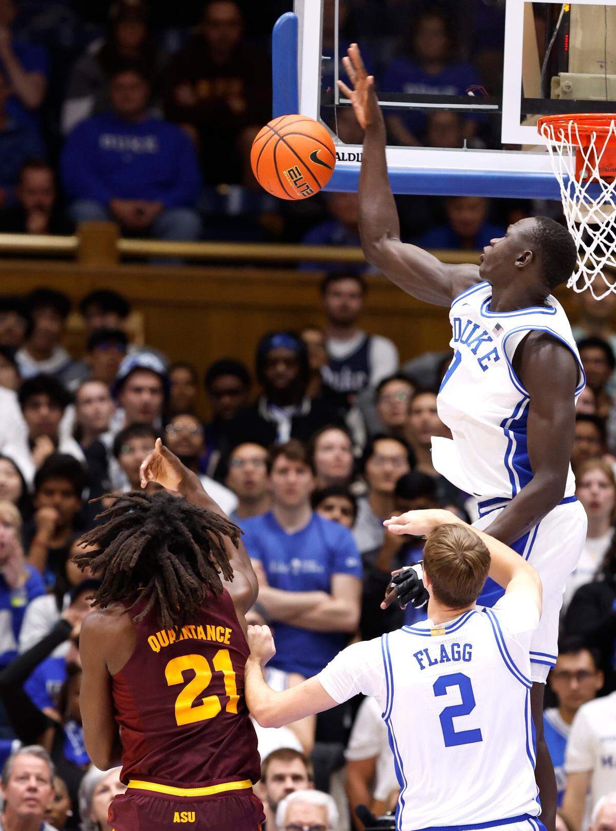 Duke’s Khaman Maluach (9) blocks the shot by Arizona State’s Jayden Quaintance (21) during the first half of Duke’s game against Arizona State in the Brotherhood Run Charity Game at Cameron Indoor Stadium in Durham, N.C., Sunday, Oct. 27, 2024.