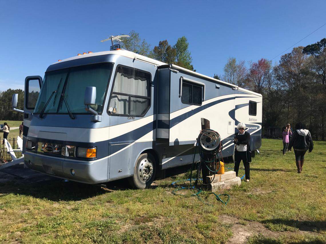 Katherine Horne, a Democratic member of the Columbus County Board of Elections, inspects the RV that sheriff candidate Jody Greene said he and his wife live in. The board visited the RV in Cerro Gordo on April 4 as part of an election protest hearing.