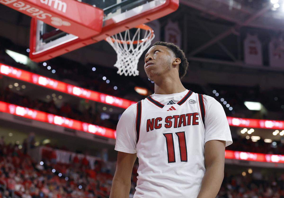 N.C. State’s Quadir Copeland reacts after being called for a foul during the second half of the Wolfpack’s 78-74 loss to Georgia Tech on Saturday, Jan. 17, 2026, at Lenovo Center in Raleigh, N.C. 