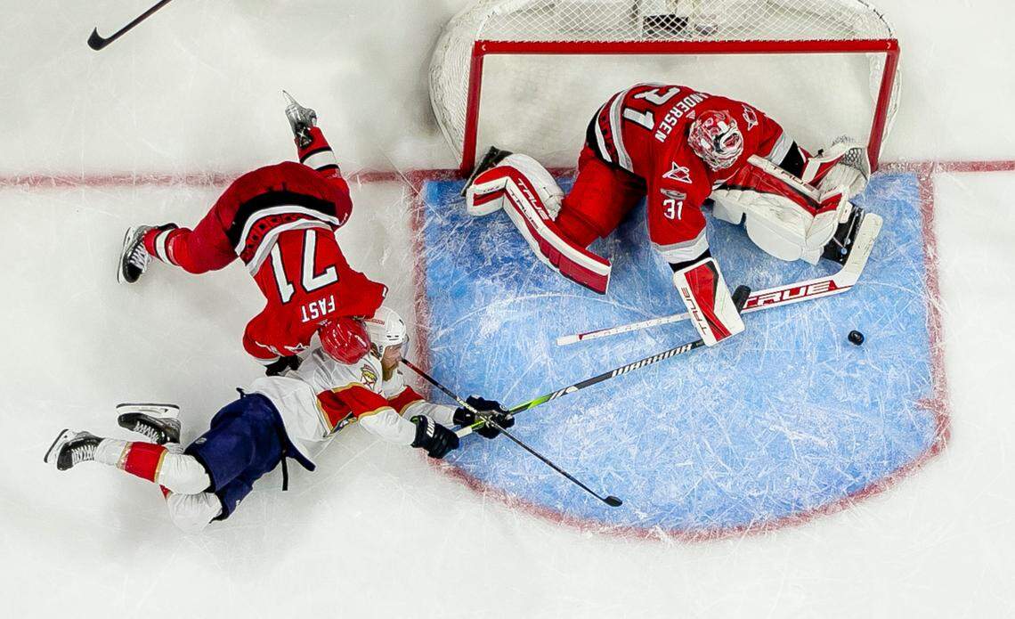 Carolina Hurricanes goalie Frederik Andersen (31) and Jesper Fast (71) stop a scoring attempt by the Florida Panthers Sam Bennett (9) in the second overtime period during Game 1 of the Eastern Conference Finals on Friday, May 19, 2023 at PNC Arena in Raleigh, N.C.