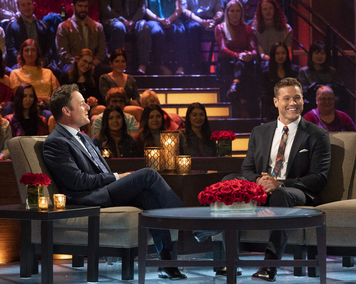 Host Chris Harrison with Colton Underwood in the Women Tell All episode of “The Bachelor” on ABC, March 5, 2019.