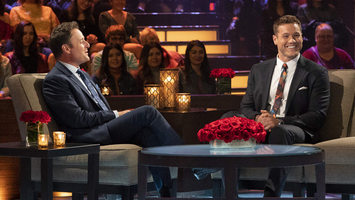 Host Chris Harrison with Colton Underwood in the Women Tell All episode of “The Bachelor” on ABC, March 5, 2019.