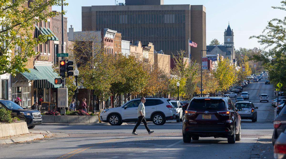 Massachusetts Avenue in downtown Lawrence, Kansas, the home of the University of Kansas on Thursday, November 7, 2024 in Lawrence, Kansas.