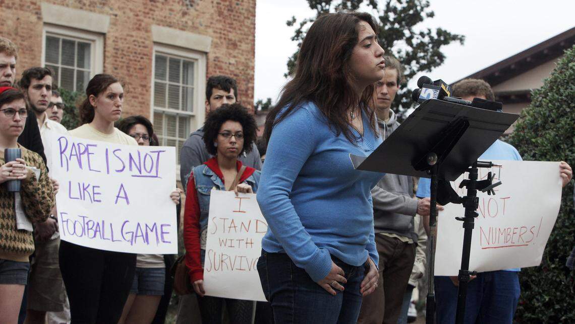 UNC-Chapel Hill students including Andrea Pino, foreground, speak during a press conference Wednesday, January 30, 2013, on campus. The students spoke out against what they say is a hostile environment and insufficient support at UNC-Chapel Hill for those who have been sexually assaulted.