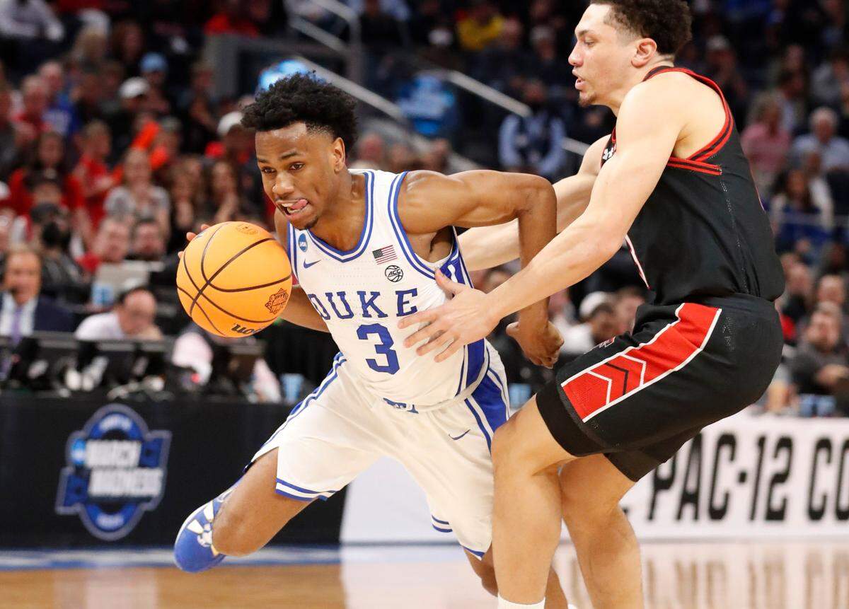 Duke’s Jeremy Roach (3) drives by Texas Tech’s Clarence Nadolny (3) during the second half of Duke’s 78-73 victory over Texas Tech in the Sweet 16 round of the NCAA Tournament at the Chase Center in San Francisco, Calif., Thursday, March 24, 2022.