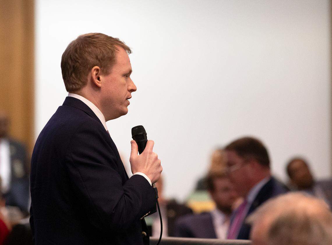 Rep. Destin Hall speaks prior to a vote to override Gov. Roy Cooper’s veto of a budget bill at the General Assembly in Raleigh on Tuesday, Nov. 19, 2024.