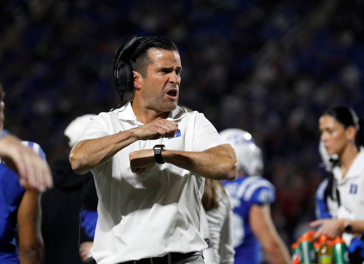 Duke head coach Manny Diaz reacts after a Southern Methodist touchdown was confirmed by a replay review during the first half of the Blue Devils’ game on Saturday, Oct. 26, 2024, at Wallace Wade Stadium in Durham, N.C.